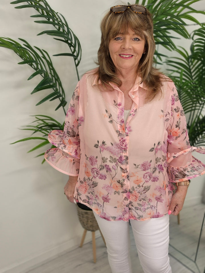 Alba Floral Chiffon Double Fluted Sleeve Blouse - (choose your Colour) - (Oversized)