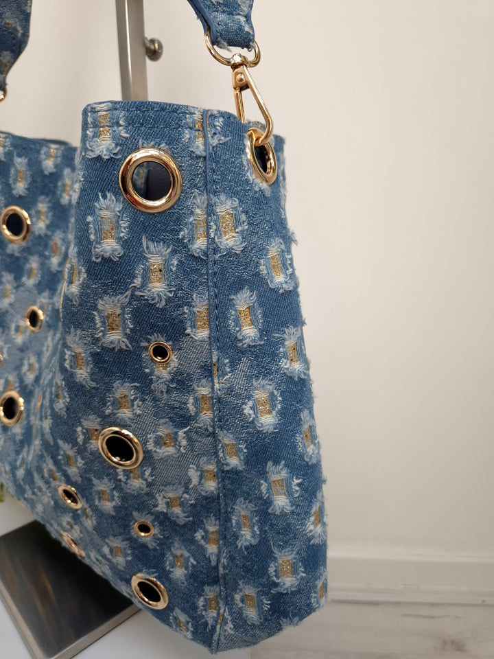 Darcie Denim Bag (Bag within a Bag) - Stonewashed/Gold Metallic