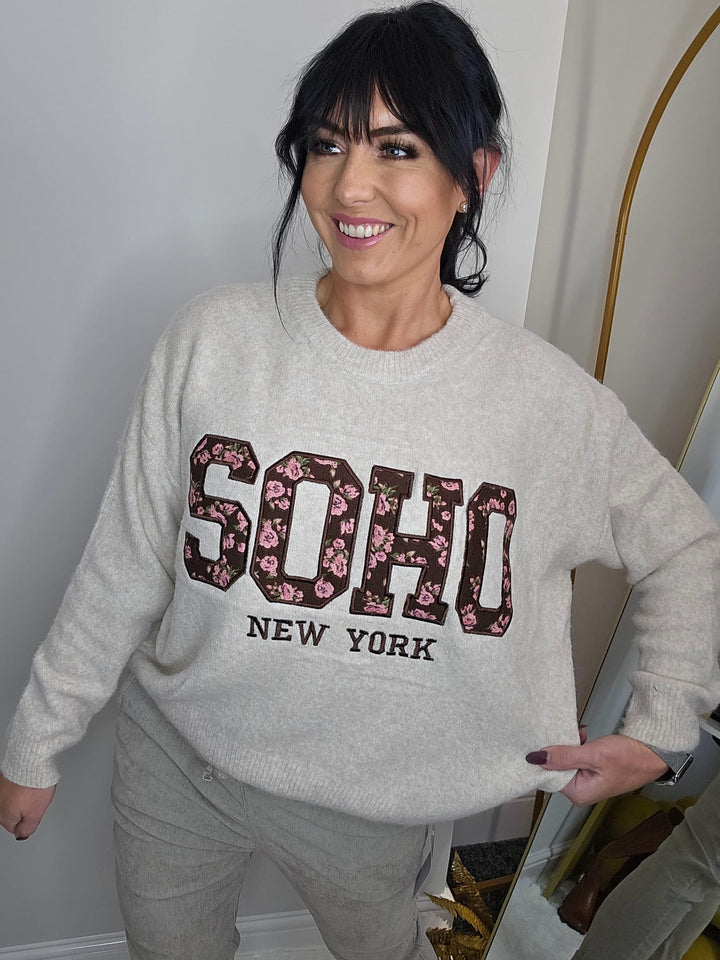 Soho Floral Super Soft Jumper - Oatmeal (One Size, fits from Size 8 up to Size 16)
