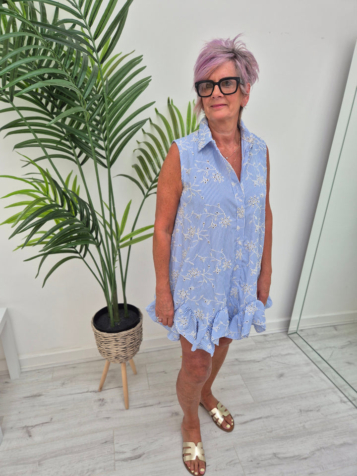 Seville Sleeveless Frilled Hem Dress - (One Size, fitting up to Size 16) - Pale Blue Broderie Anglaise