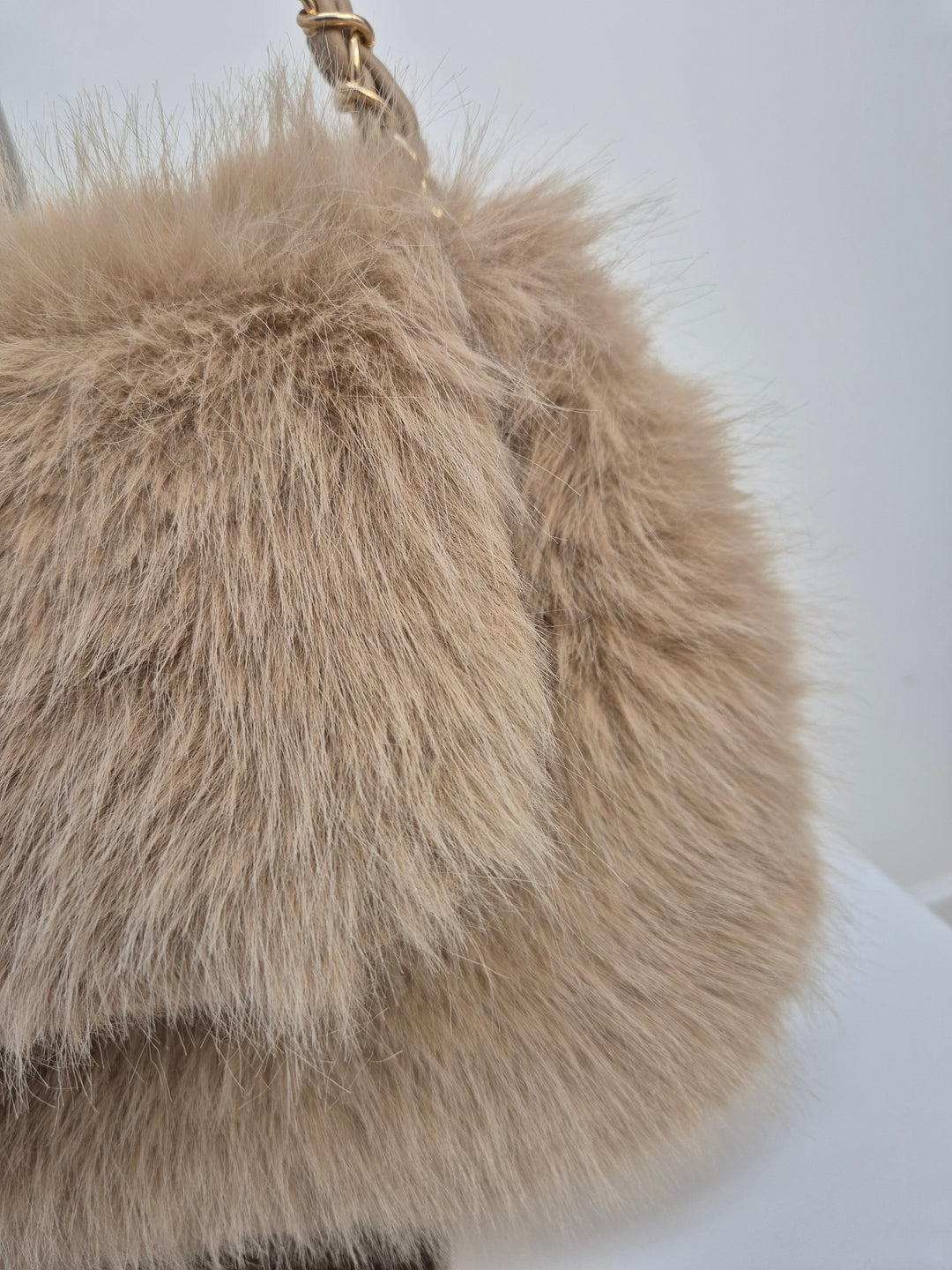 Oslo Faux Fur Bag with Gold Chain Link Dual Handles - Creamy Beige