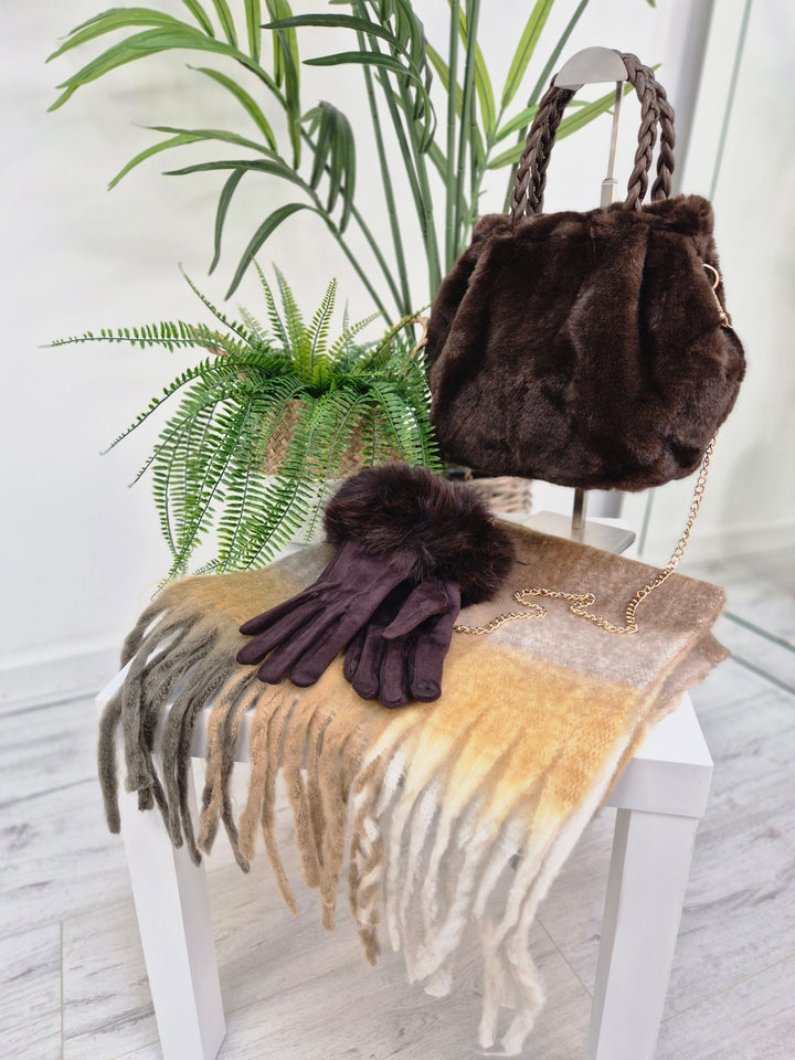 Checked Scarf with Fringing - Chocolate Multi