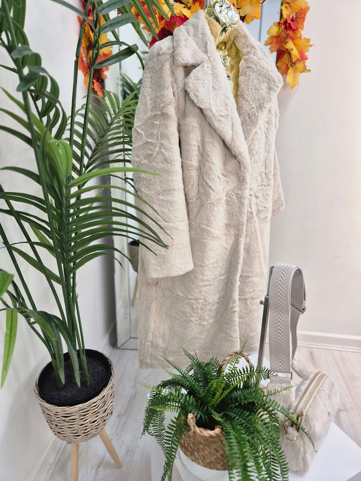 Oslo Faux Fur Longline Coat - Cream (choose your Size)