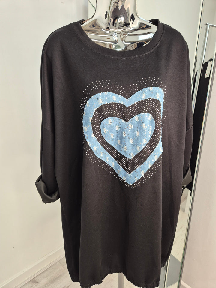 Hannah Hearts Slouchy Top - Black (Oversized fitting from Size 14 up to Size 18/20)