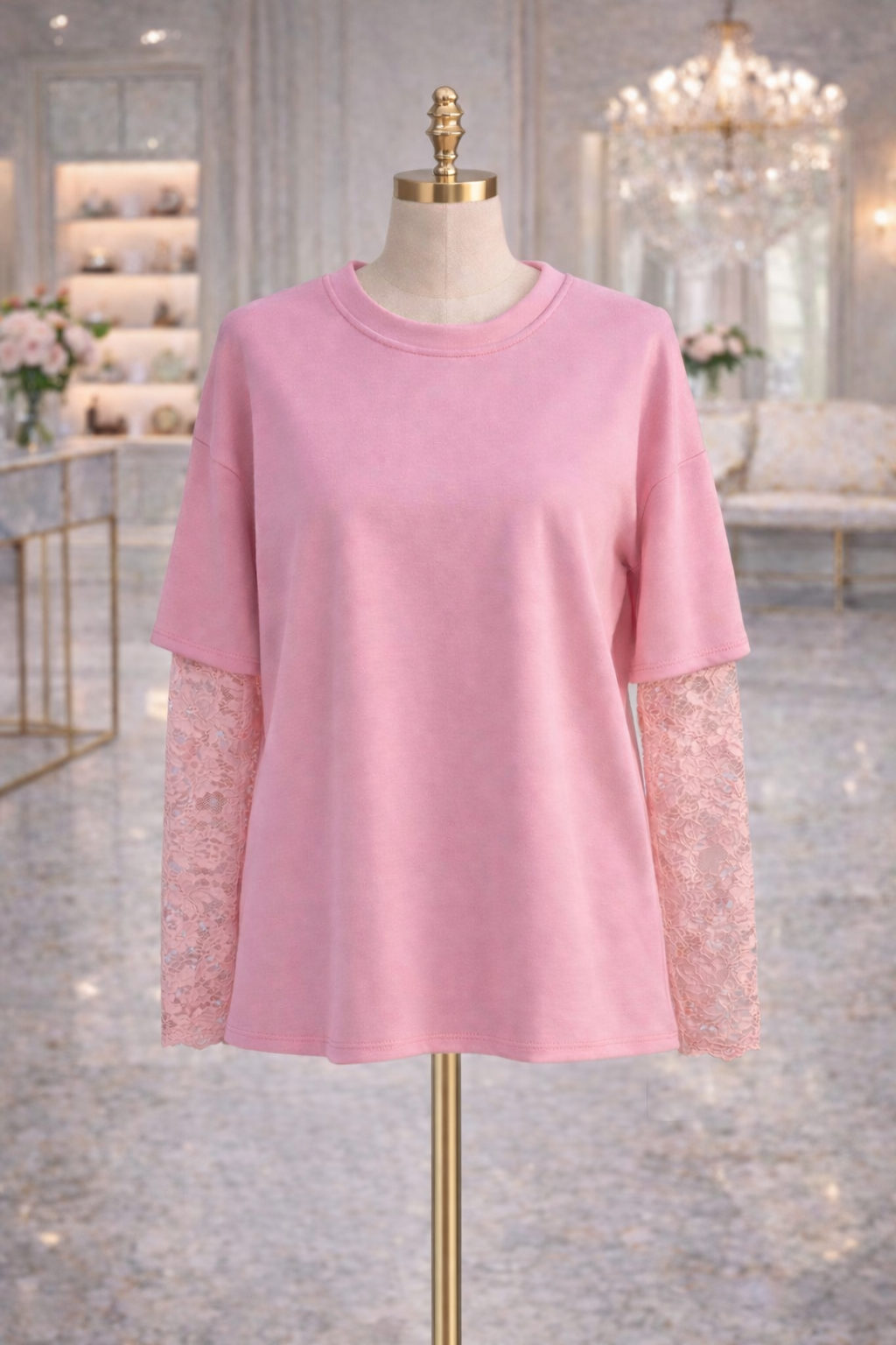 Lace Sleeve Sweatshirt - Candy Pink (One Size, fits up to Size 16)