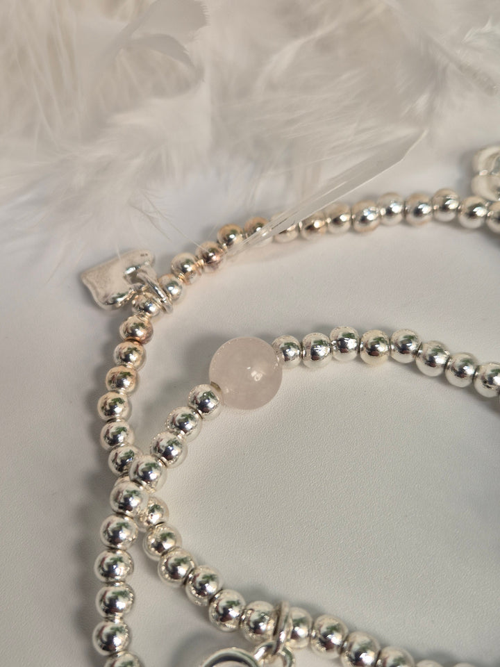 Stacking Bracelets - Angel Wings, Hearts, Camellia Flower Charms (Silver Tone) Pink