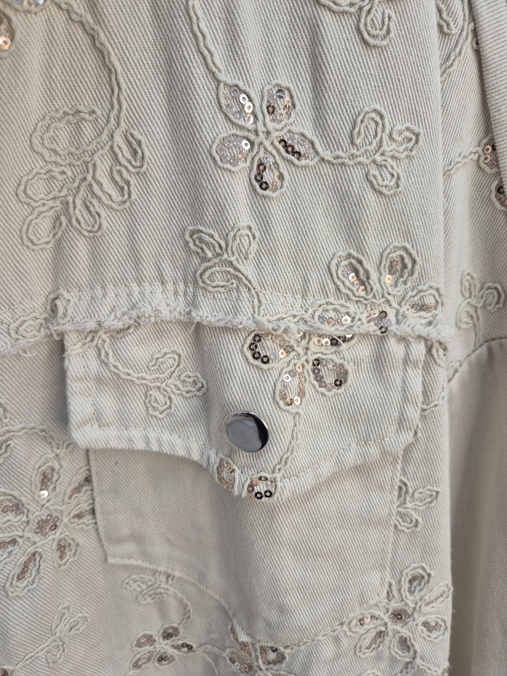 Dana Floral Sparkly Denim Shacket - Beige (One Size/Curvy, fitting from Size 10/12 up to Size 18)