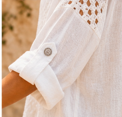 Amalfi Linen & Crochet Shirt with Crystal Sparkly Buttons - (One Size/Curvy fitting from Size 14 up to Size 18) - White