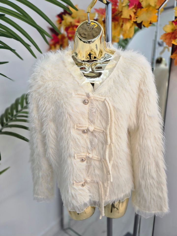 Oslo Fluffy Baroque Buttoned Cardigan - Cream (One Size, fitting from Size 10 up to Size 16)