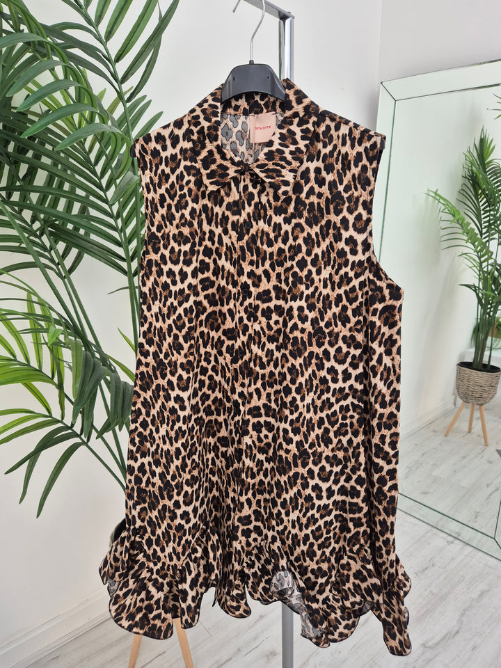 Seville Sleeveless Frilled Hem Dress - (One Size, fitting up to Size 16) - Leopard Print