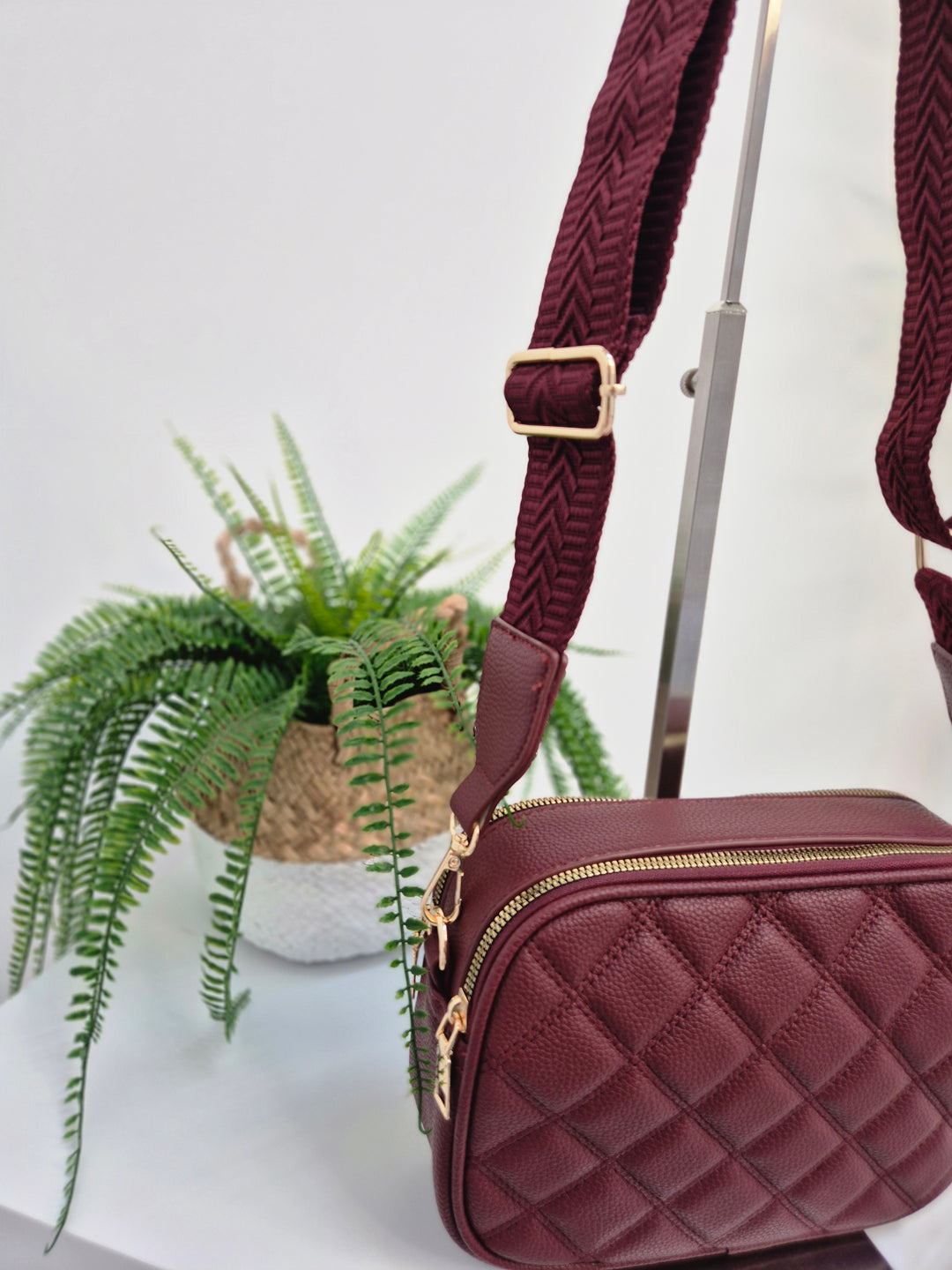 Diamond Quilted Bag - Wine (Gold Tone)