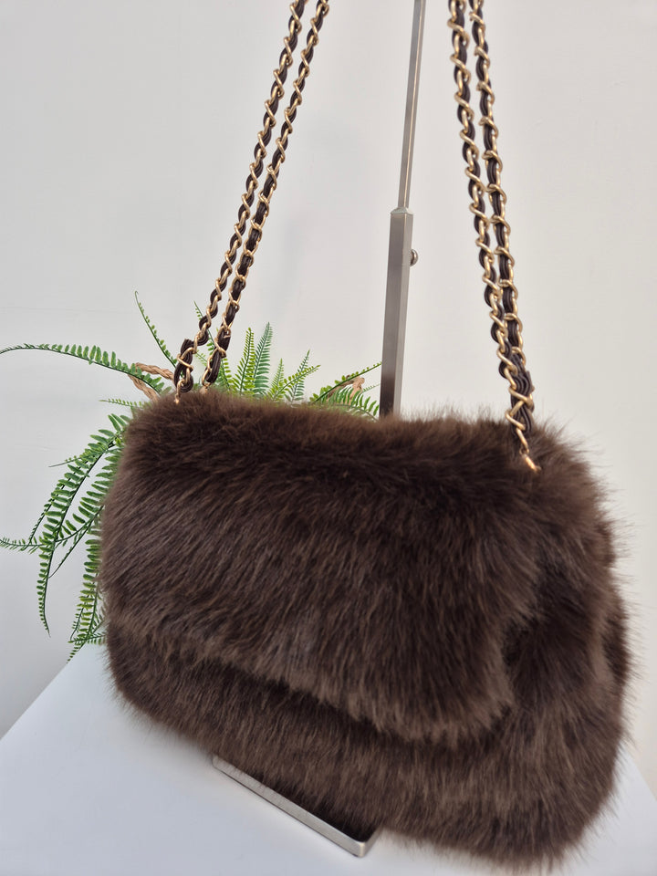 Oslo Faux Fur Bag with Gold Chain Link Dual Handles - Chocolate