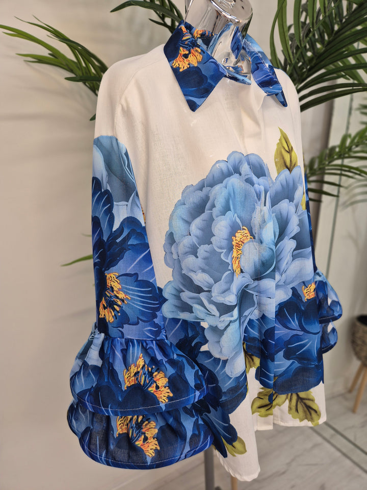 Alba Blue Floral Double Fluted Sleeve Blouse - (Oversized)