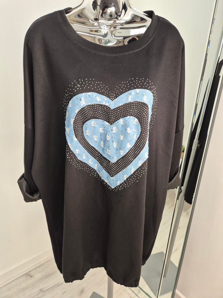 Hannah Hearts Slouchy Top - Black (Oversized fitting from Size 14 up to Size 18/20)