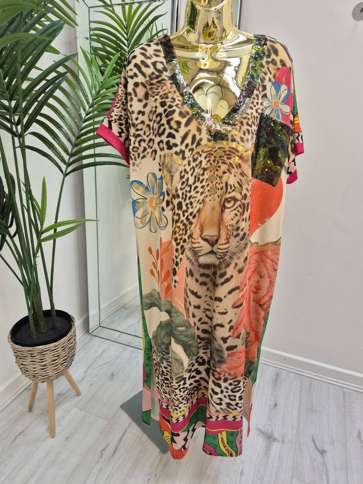 Carla Shimmer Maxi Length Dress - Leopard/Positive Vibes (Loose Fit)