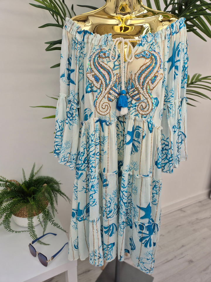 Seahorses Beaded Bardot Dress - Aqua (Oversized)