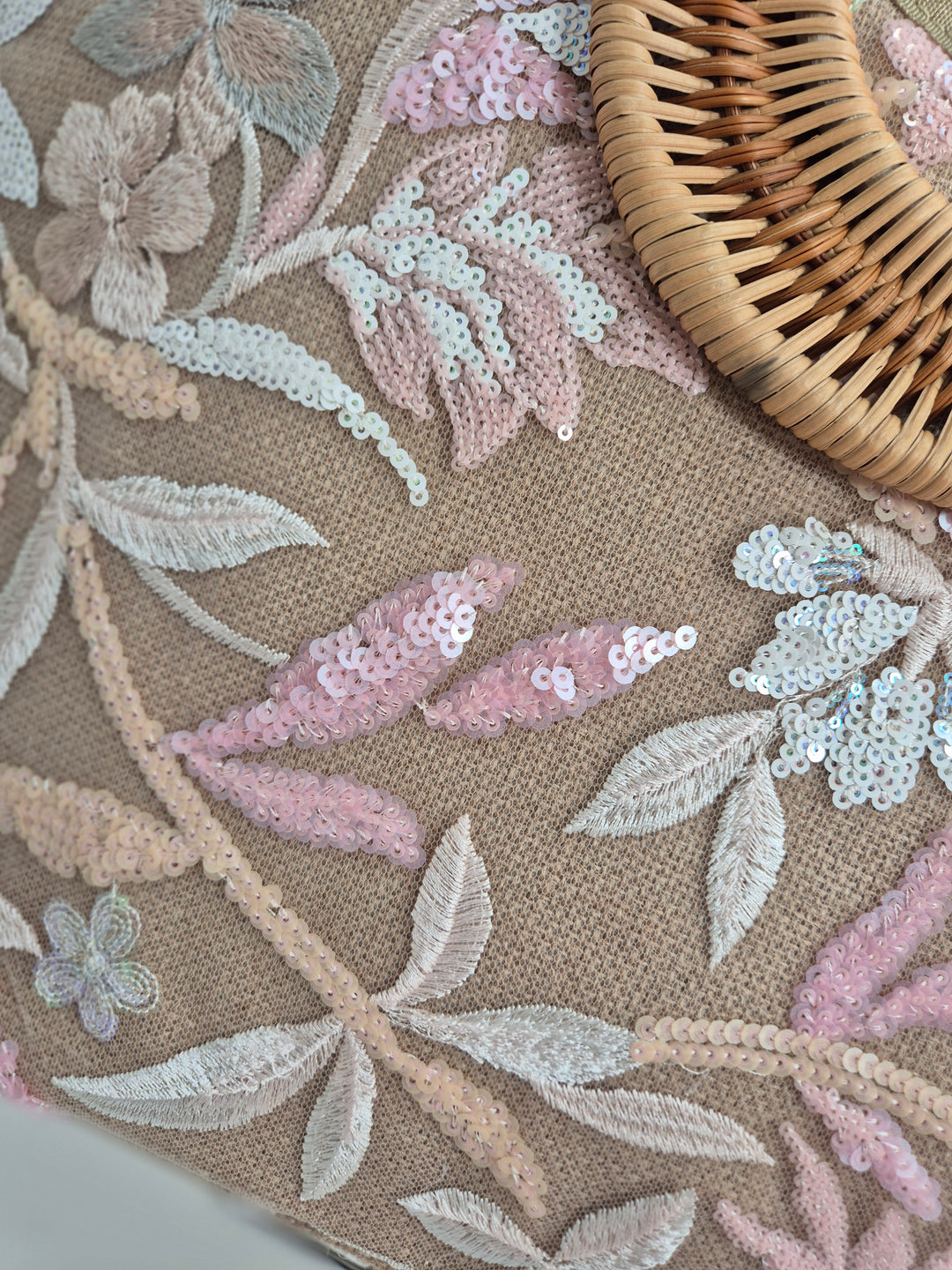 Floral Sequins Bamboo Bag - Pink
