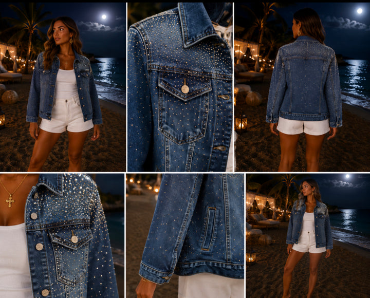 Crystal Diamante Denim Jacket with Stretch (Dark Stonewashed) (G Smack brand) - (choose your Size)