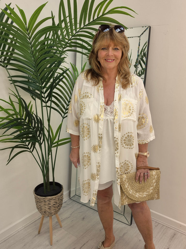 Ibiza Florals Shirt Dress - (Loose Fit) - White/Gold