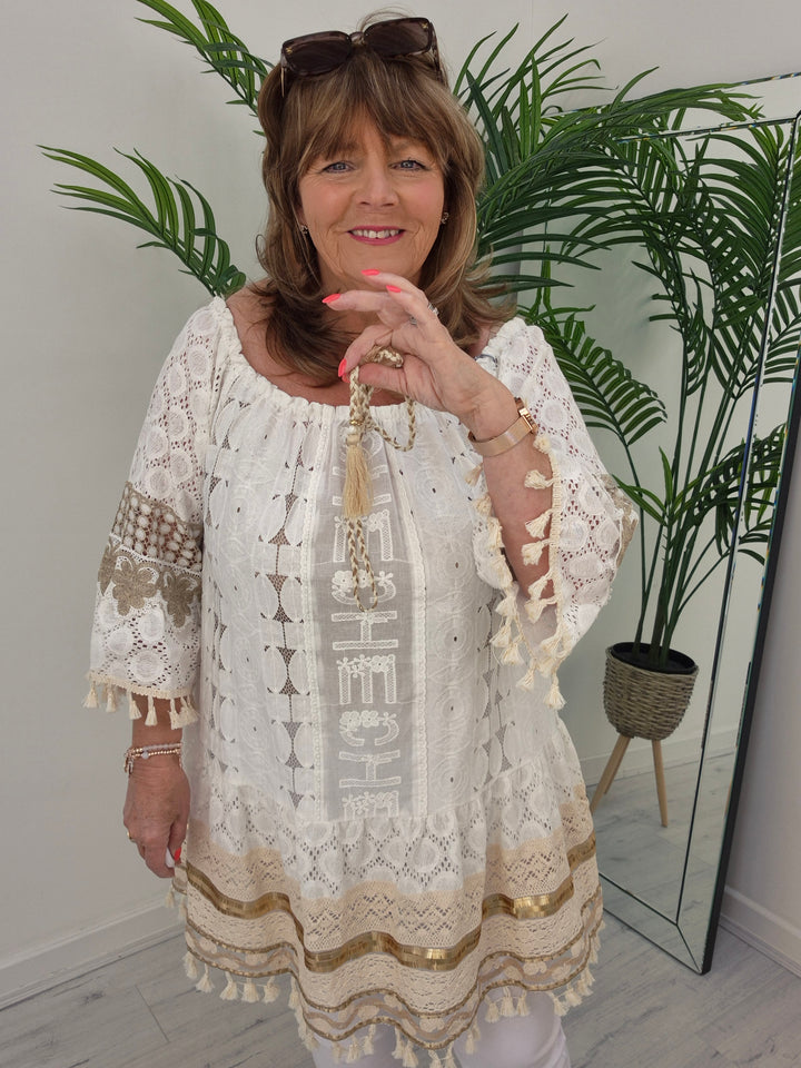 Ibiza Bardot Kaftan/Beach Dress - White/Gold - (Oversized)