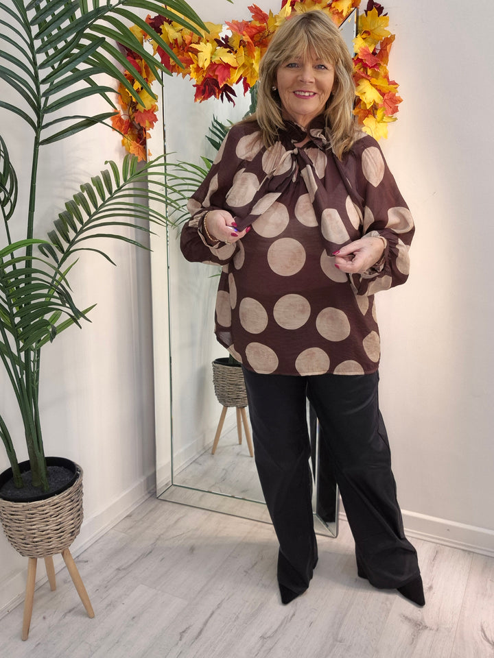 Dotty Oversized Blouse - (One Size/Curvy Size, fits from Size 14/16 to Size 20) - Chocolate