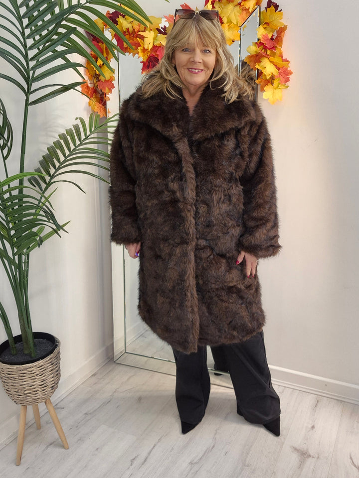 Oslo Faux Fur Coat - Chocolate/Dark Chocolate (One Size/Curvy - fitting from Size 16/18 to Size 20)