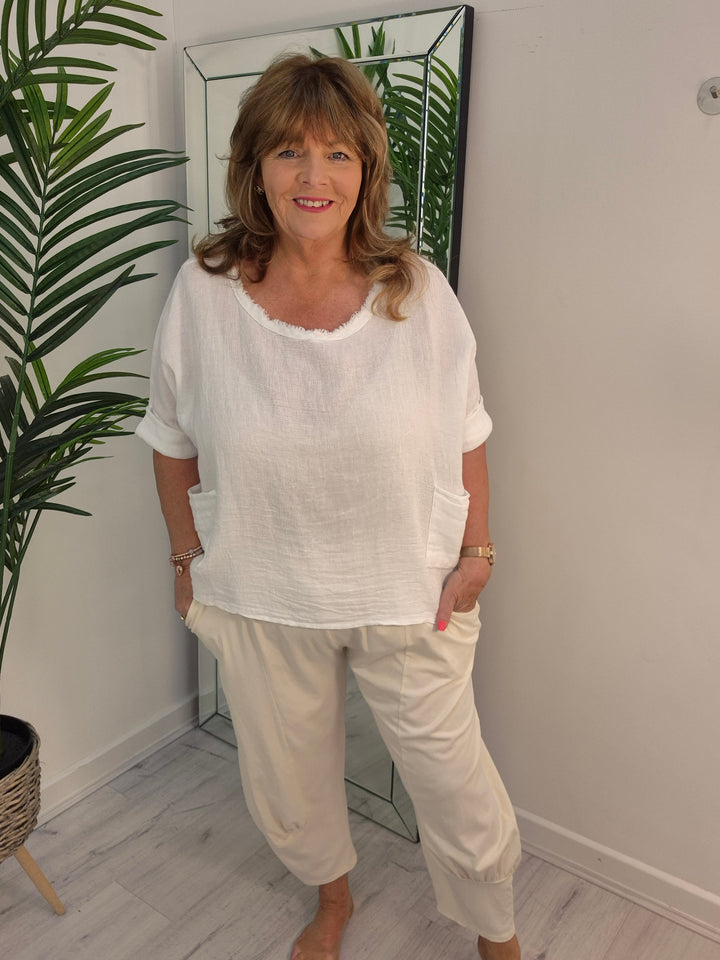 Hopsack Frayed Top - White (Oversized)