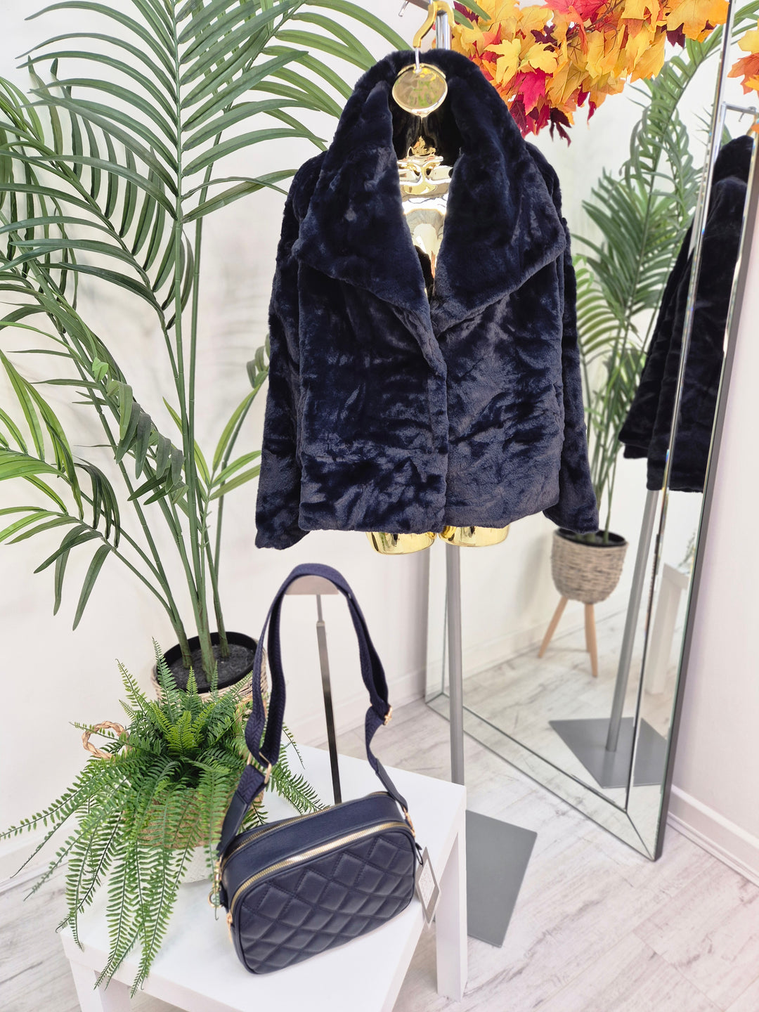 Oslo Faux Fur Medium Length Coat - Navy (One Size - fits from Size 10/12 up to Size 16/18)