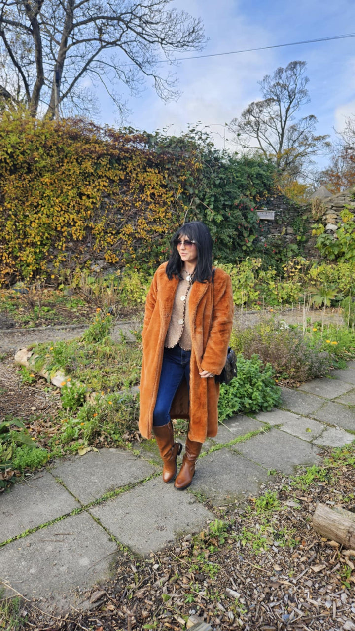 Oslo Faux Fur Longline Coat - Rust (One Size - fits from Size 10 up to Size 16)