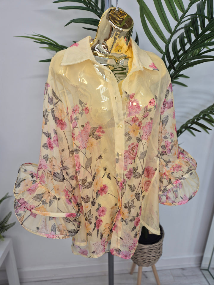 Alba Floral Chiffon Double Fluted Sleeve Blouse - (choose your Colour) - (Oversized)