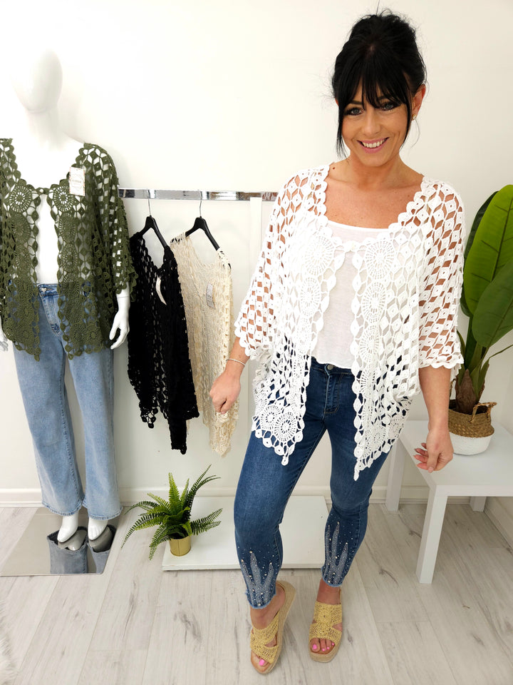 Kara Crochet Pearl Button Cardigan - (choose your Colour)