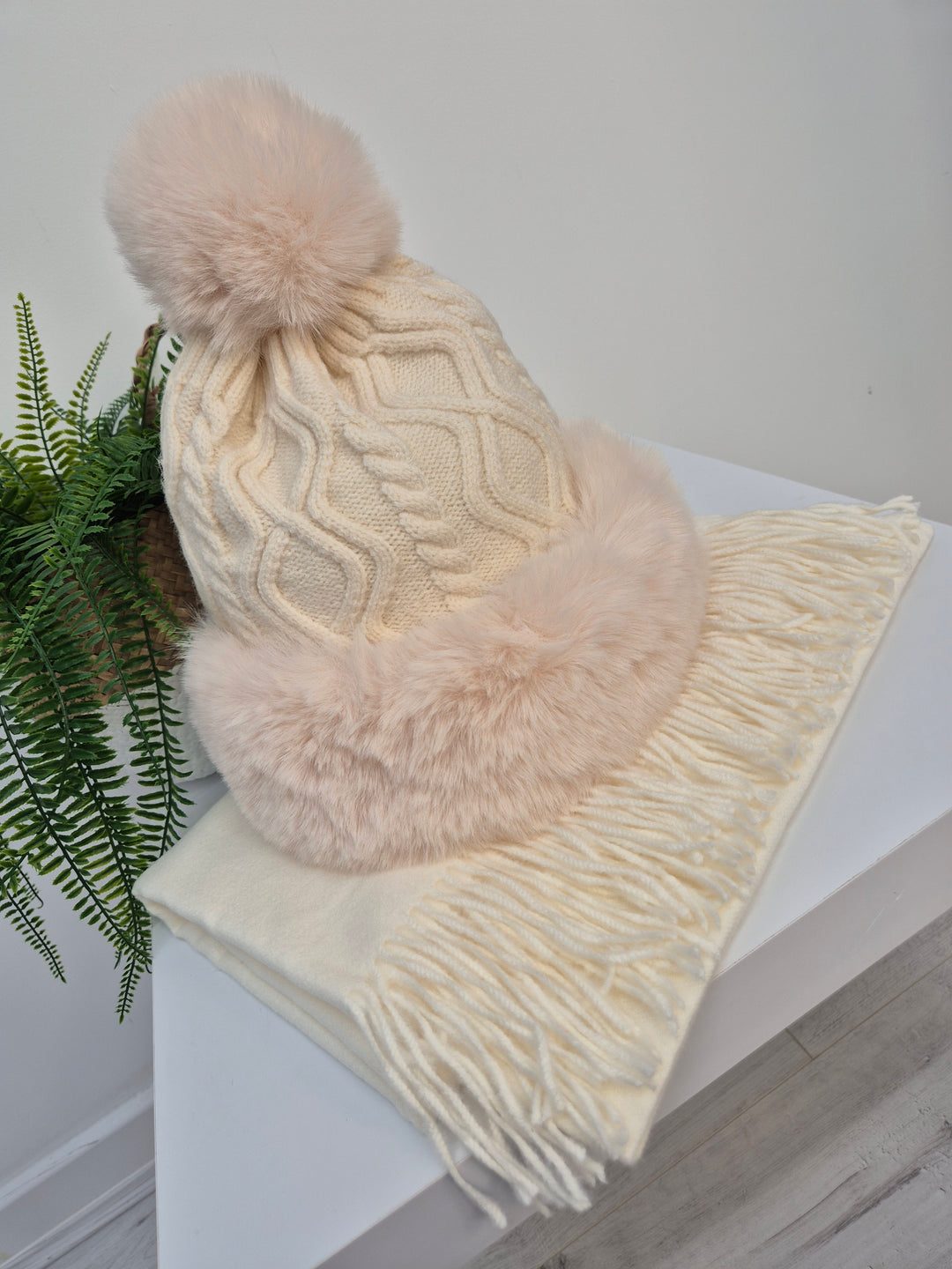 Oslo Faux Fur Pom Pom Cable Hat & Soft Feel Brushed Tassel Scarf Bundle - Cream