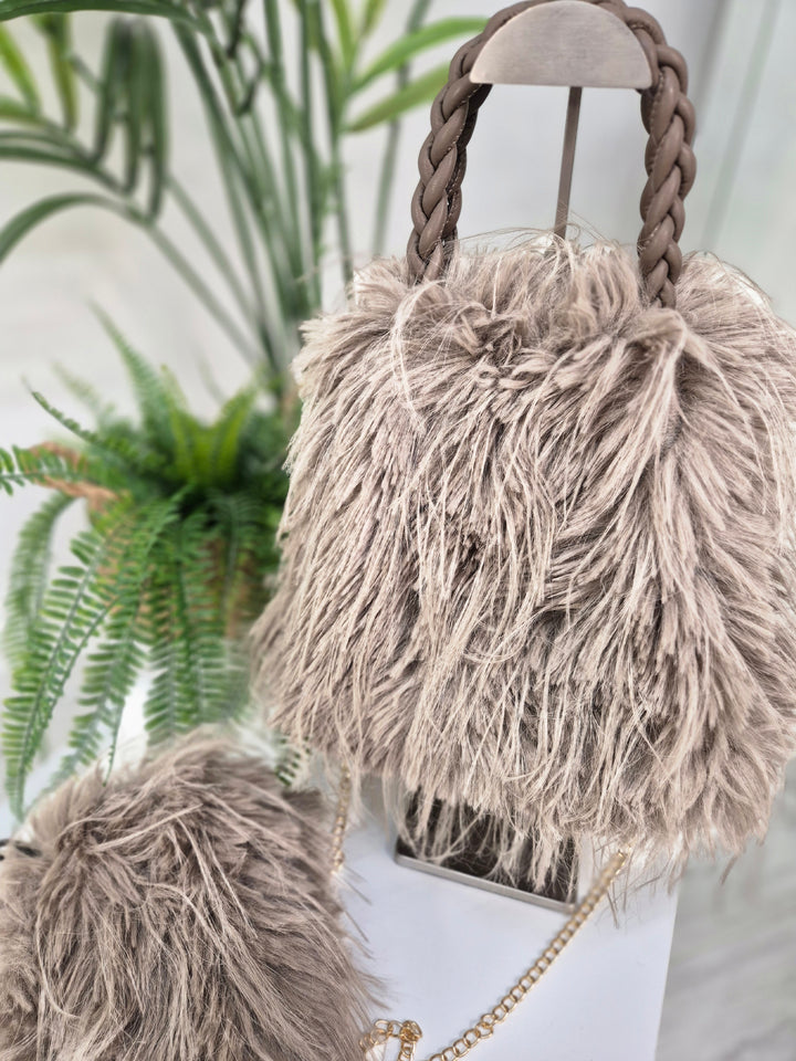Oslo Faux Fur Shaggy Bag with Dual Handles & Chain Strap - Mocha