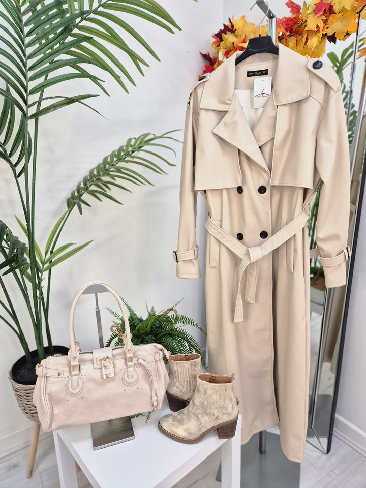 Sandringham PU Longline Trench Coat - Beige (One Size fits Size 10 up to Size 16)