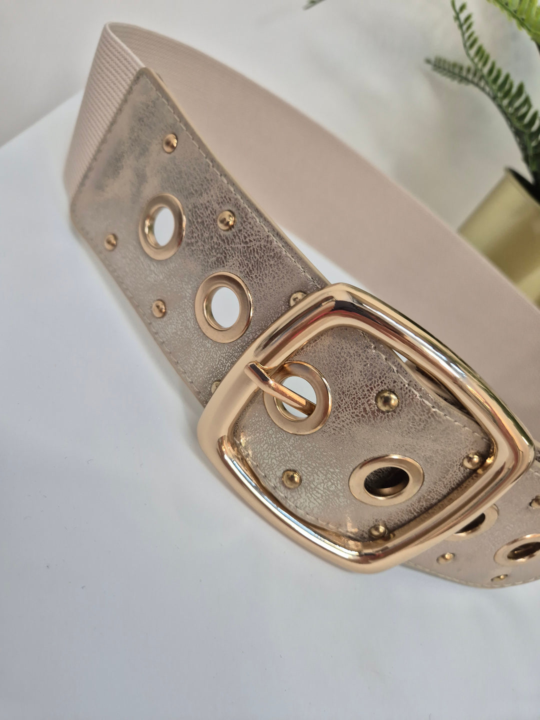 Stretchy Belt with Large Buckle - Gold/Beige