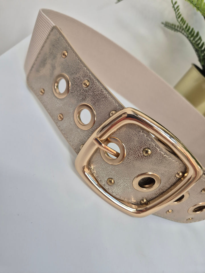 Stretchy Belt with Large Buckle - Gold/Beige
