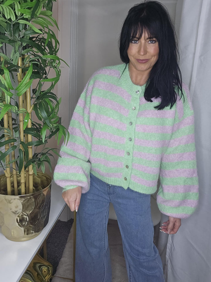 Amelia Striped Cosy Cardigan (One Size from Size 8 up to Size 16) - Lime/Pink