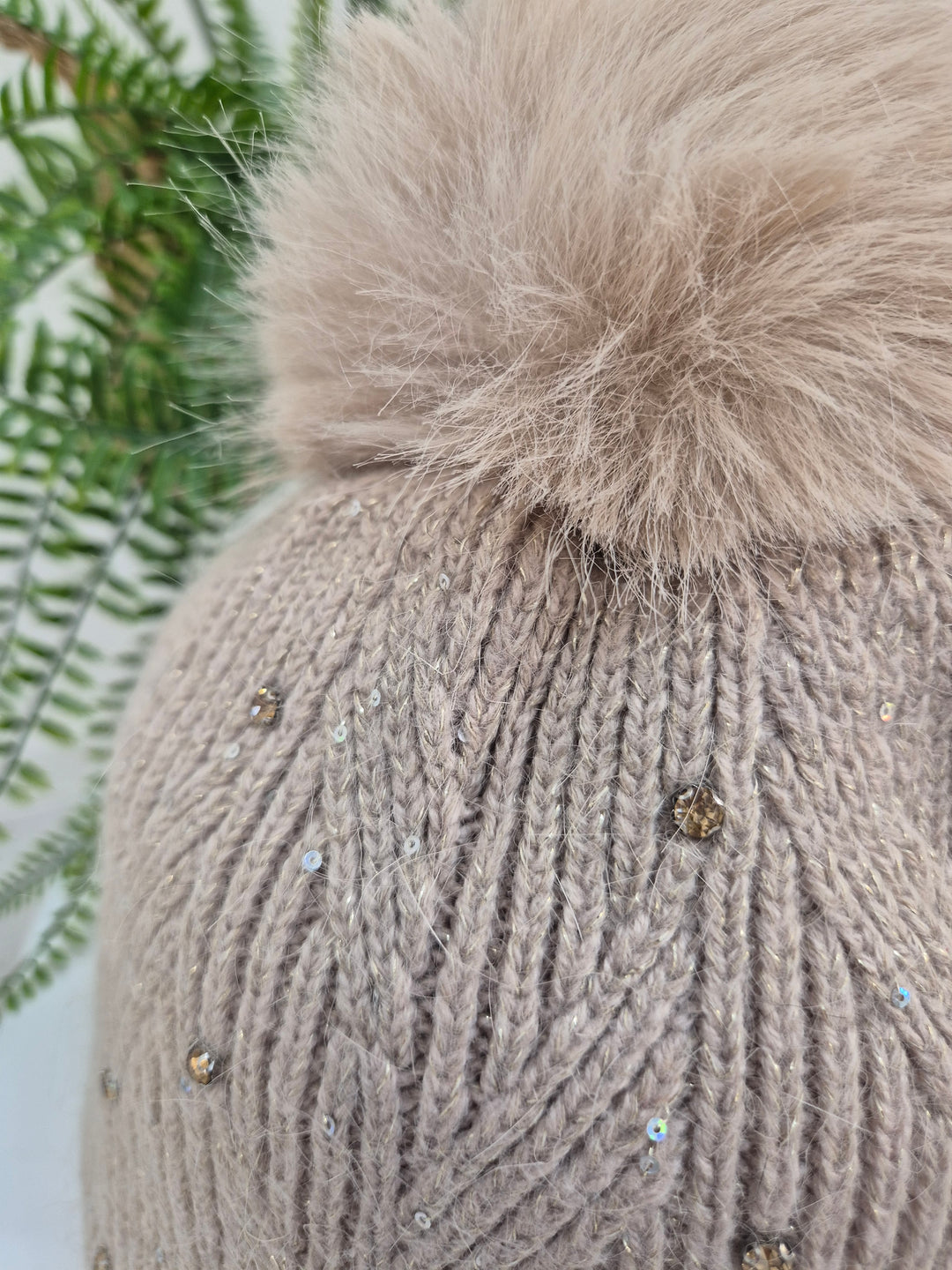 Oslo Fur Fur Pom Pom Hat with Crystals & Metallic Thread - Biscuit