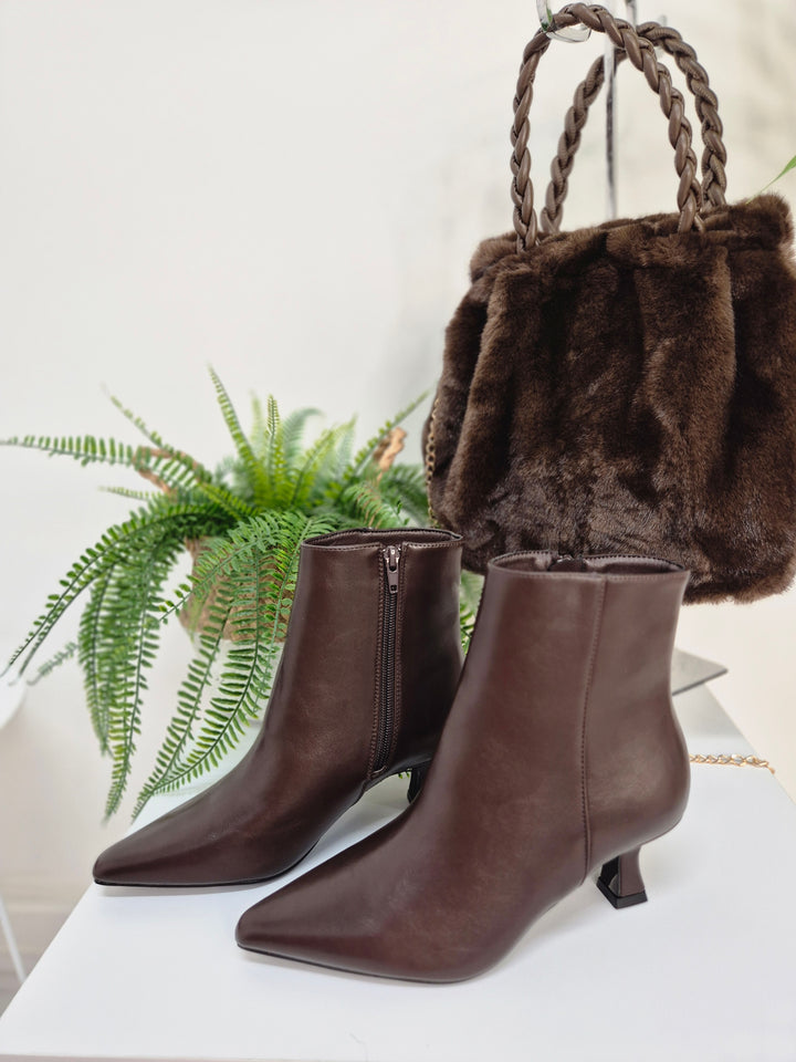 Mayfair Faux Leather Ankle Boots with Low Block Kitten Heel - Chocolate (choose your Size)