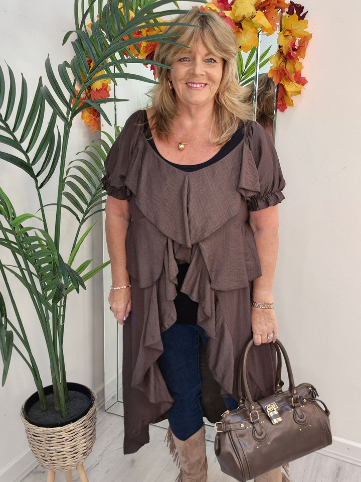 Rhea Ruffle Hi Lo Blouse - Chocolate - One Size fits up to Size 16/18