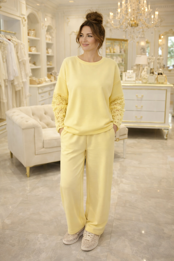 Lace Sleeve Co-ord Two Piece Set - Lemon (One Size fitting up to Size 16)