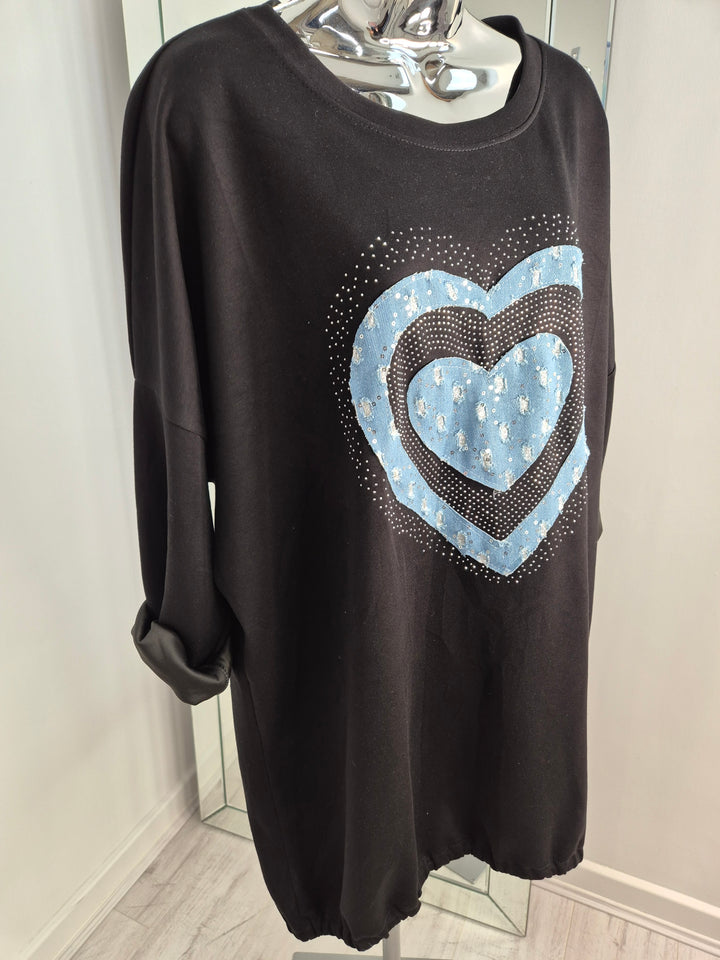 Hannah Hearts Slouchy Top - Black (Oversized fitting from Size 14 up to Size 18/20)