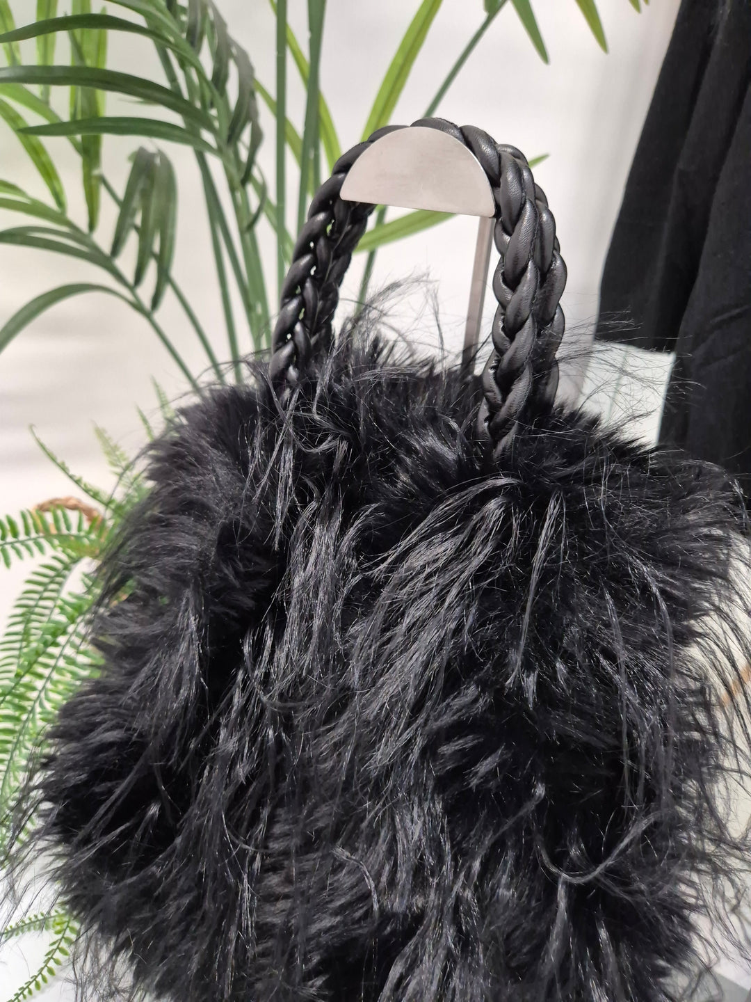 Oslo Faux Fur Shaggy Bag with Dual Handles & Chain Strap - Jet Black