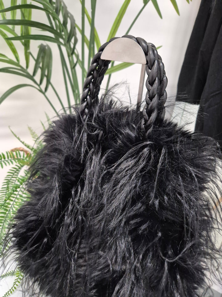Oslo Faux Fur Shaggy Bag with Dual Handles & Chain Strap - Jet Black