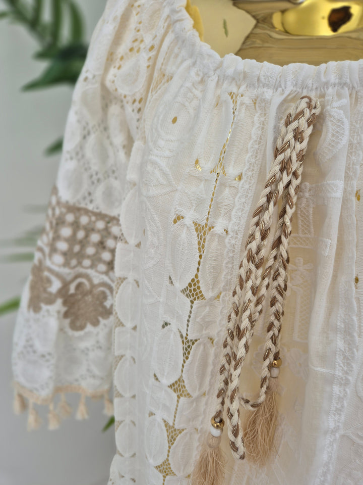 Ibiza Bardot Kaftan/Beach Dress - White/Gold - (Oversized)
