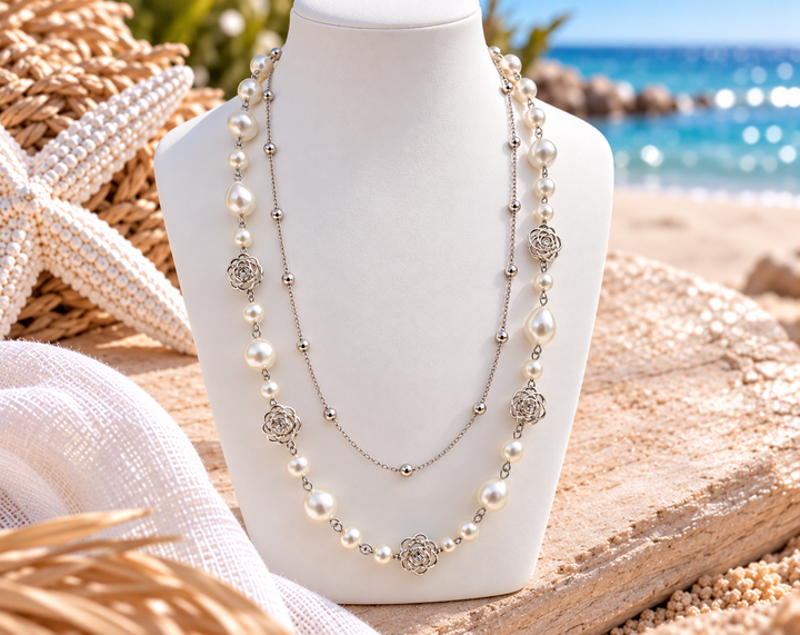 Pearl & Camelia Flower with Crystals Necklace - Double Stranded (Silver Tone)