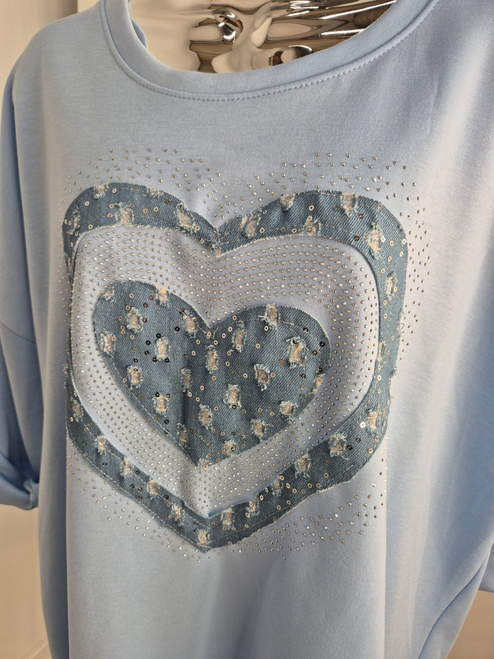 Hannah Hearts Slouchy Top - Blue/Blue (Oversized fitting from Size 14 up to Size 18/20)