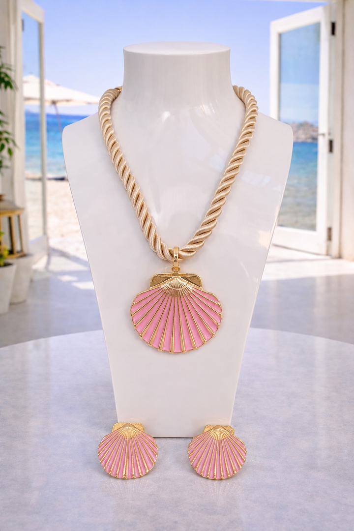 Shell Necklace & Earrings Set (Gold Tone) - Pink