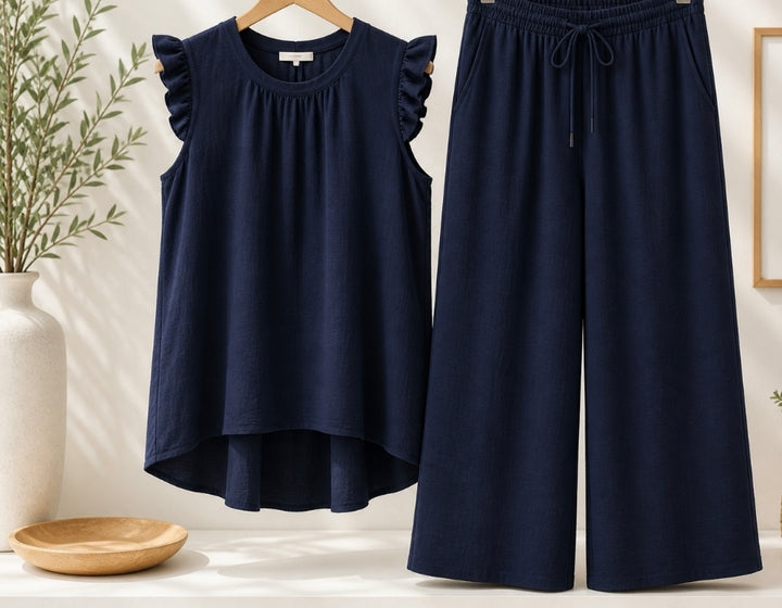 Sophie Frill Culotte Co-ord Set (2 Piece) - (One Size, fits from Size 12 to Size 18) - Taupe
