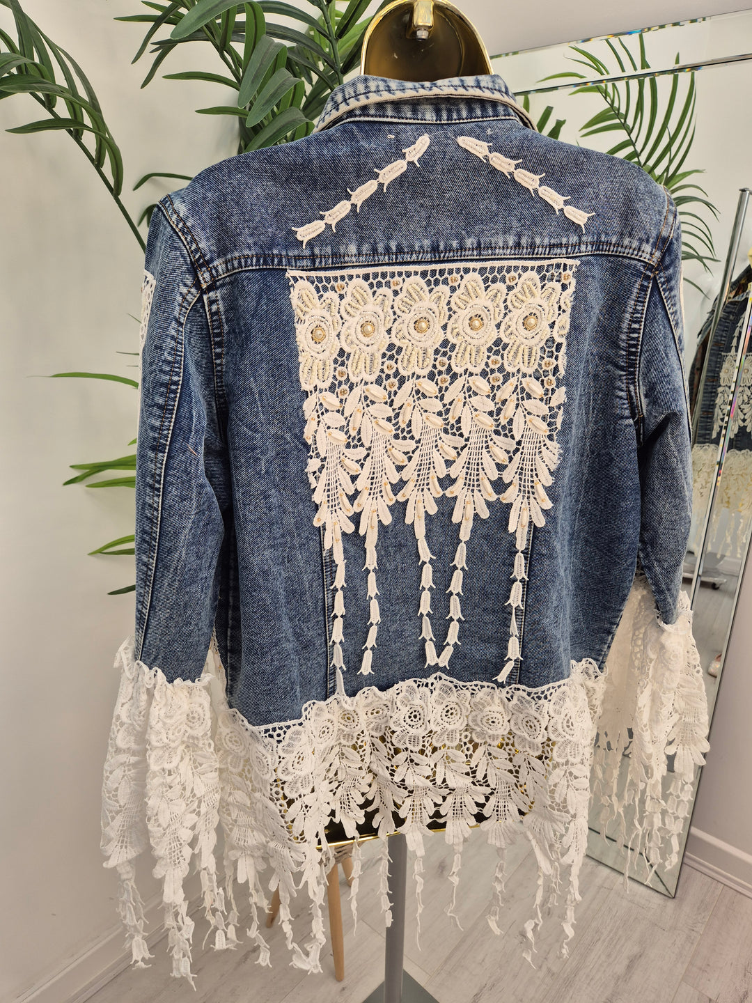 Elle Lace Tassel Denim Jacket - Mid Stonewashed (One Size, fitting from Size 10 up to 14)